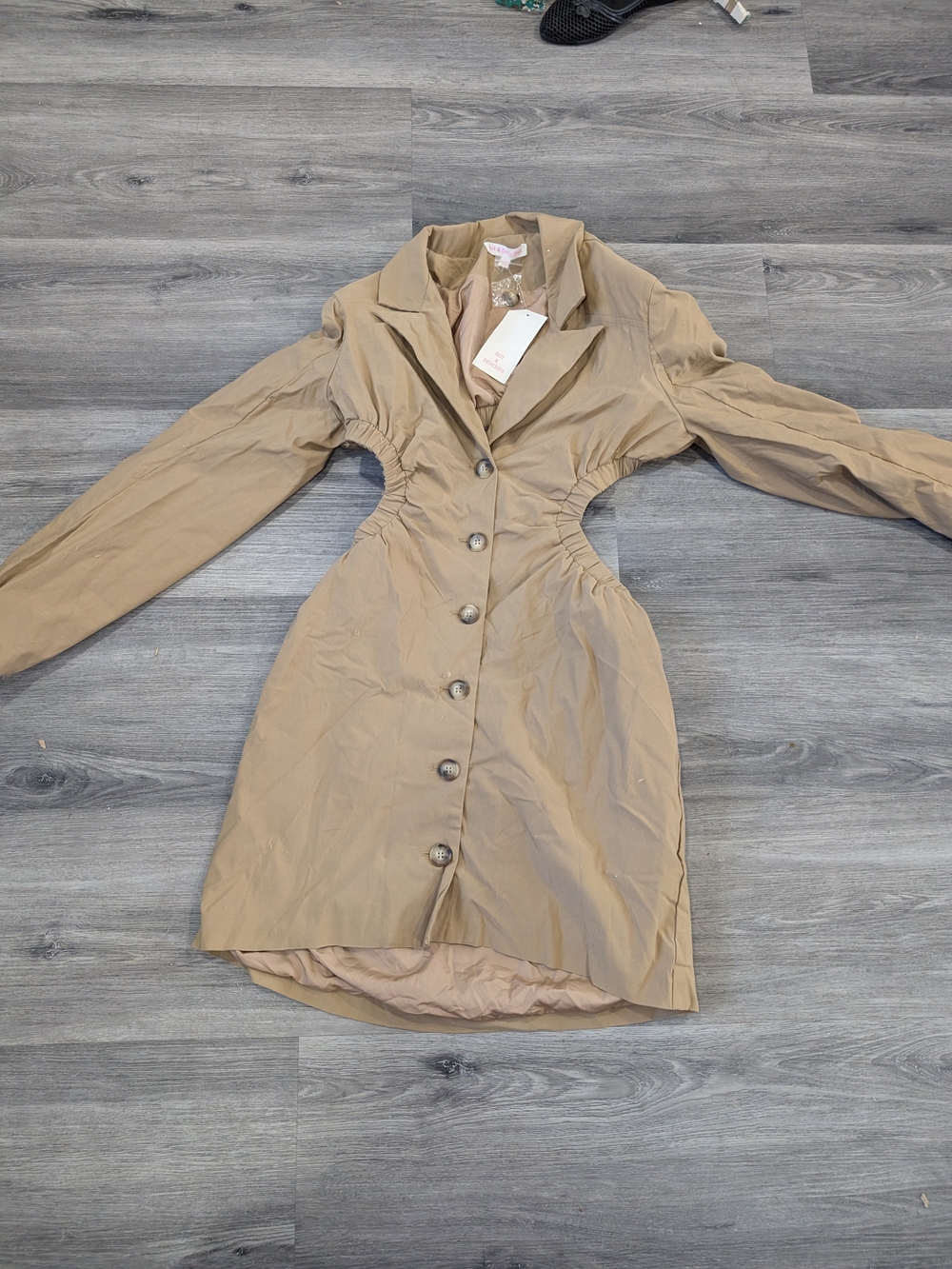 Dolls Kill Beige Asymmetrical Button Ruched-Waist Dress